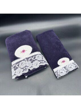 Vintage Purple Towel Set Bath Hand Lace Floral 1990s Granny Cottage USA Retro